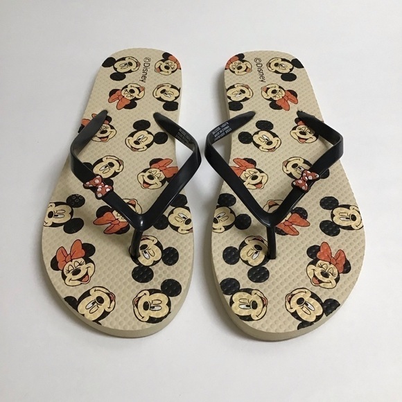 Disney SZ 10 1/2 Flip Flops Women’s Mickey and Minnie Mouse Sandals Red Bows Tan - Picture 6 of 10